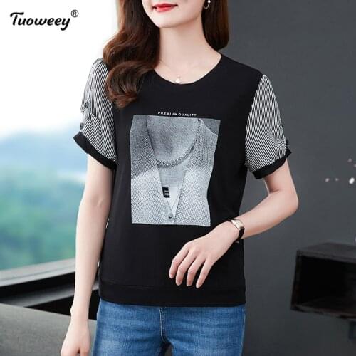 2021 New Summer Middle Aaged Women Korean patchwork O-Neck tshirts Tops Female pullover female Fashion Loose Plus Size 5xl Shirt
