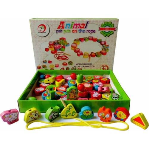 Children Wooden Animal Models Large Beads 65pcs Puts on Rope Game Wood Montessori Creative Material Educational Toys Kids Gift