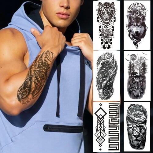 Black Mechanical Fake Temporary Tattoo For Men Women Cube Tiger Forest Wolf Tattoos Sticker Geometric Clock Waterproof Tatoo Arm