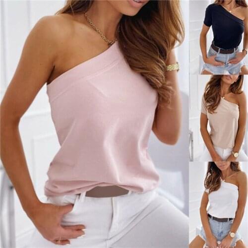 Sexy Women Summer T-Shirts Solid Color One Shoulder Design Clothes Ladies Trendy Short Sleeve Slim Pullovers Top Streetwear