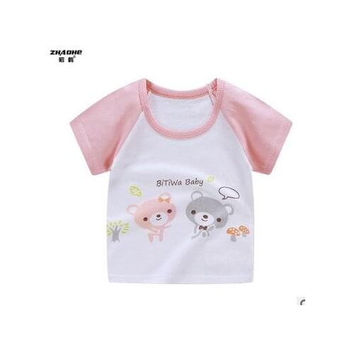 Baby Girls T-Shirts Summer Korean Style Short Sleeve Bears Patterns Letter Print Patchwork Classical Round Neck Tops