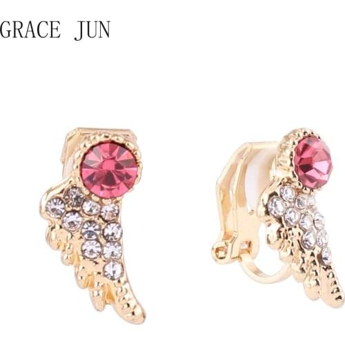 GRACE JUN Gold Color Wing Clip on Earrings for Girl Party Wedding Fashion Cute Rhinestone Crystal Ear Clip Cuff Earrings New