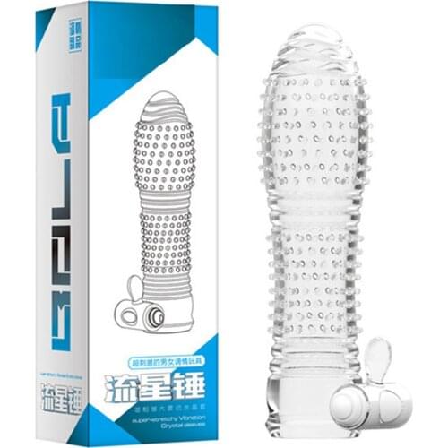 Reusable Vibrating Penis Condom Sleeve Male Cock Enlargement Man Delay Ring Clit Massager Vibrator Adult Sex Toys for Men Women