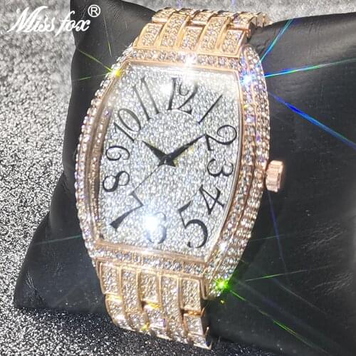 Hip Hop MISSFOX Fully Iced Out Tonneau Men Watches Stainless Steel Fashion Luxury Brand Quartz Waterproof Dive Business Clocks