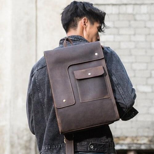 Backpack Mens Leather Student School Bag Large Capacity Personality Retro Computer Bag Simple Travel Backpack Leather Men Bag