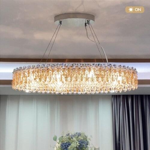 Oval Chrome Metal Luxury E14 Led Pendant Lights Modern Dining Table K9 Crystal Led Hanging Lamp Cable Suspend Light Lamparas