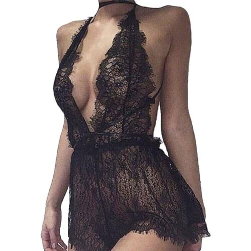 Sexy Sleepwear Nightdress Sets Plus Size Lace Perspective Lingerie With T Pants Female Nightwear Set