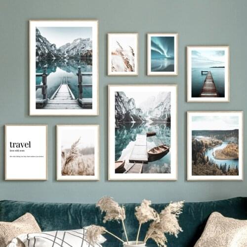 Boat Bridge Pier Aurora Calm Lake Mountain Nordic Posters And Prints Nature Art Canvas Painting Wall Pictures Living Room Decor