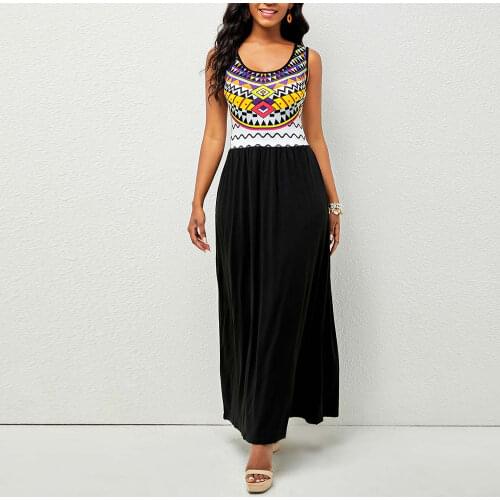 MISSJOY Women Fashionable Sleeveless U-neck Geometric Print Bohemian Beach Style Dress Casual Loose Beach Swing Maxi Dress