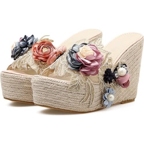 Ladies high heels wedges slippers Flowers Transparent flip flops Linen rope platform sandals shales for women beach slippers