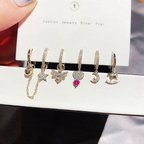 New Trendy Honeybee Animal Love Heart Hoop Earrings for Women Moon Star Tassel 6-piece Earrings Set Christmas Jewelry S-E1281