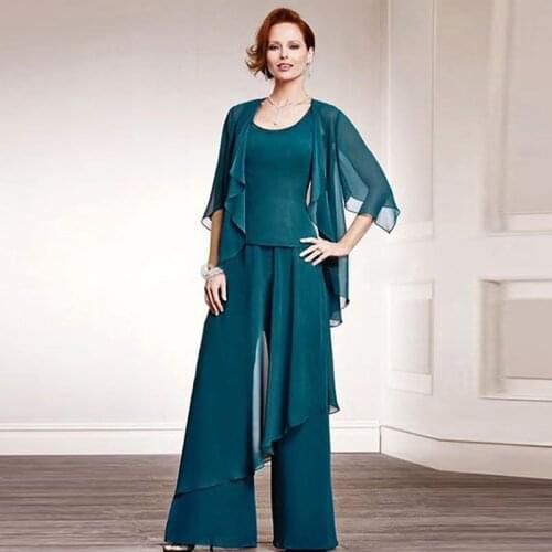 3 Pcs Chiffon Mother of the Bride Dresses Solid 3/4 Sleeve Elegant Irregual Pant Suits Plus Size Custom For Wedding Party 2021