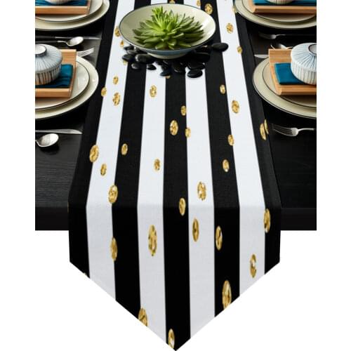 Black And White Stripes Golden Dots Table Runners Home Kitchen Dining Tablecloths Wedding Party Table Decoration Table Runner