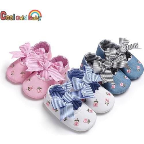 Cute Bow Decoration Baby Girl Shoes Autumn Floral Embroidered Soft Cloth Newborn Infant First Walker Princess Party Crib Shoes