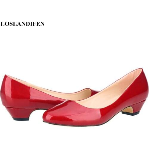 New Autumn Low-cut Women Shoes Dress Round Toe Comfort Thick Low Heels Ladies Office Slip-on Patent Leather Wedding Casual Pumps