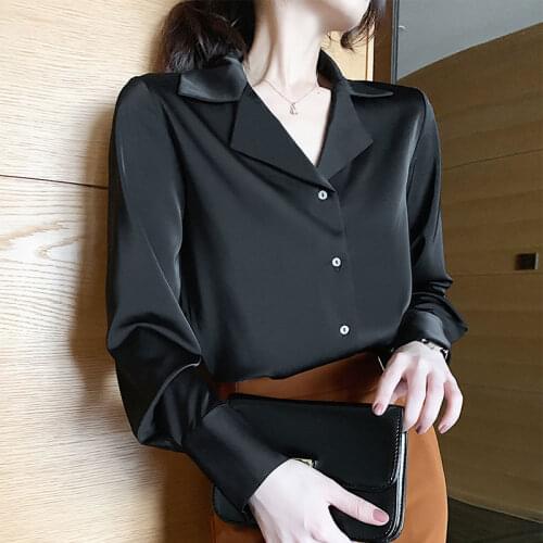Balck Satin Women Shirts Summer New 2021 Turn-Down Collar Long-Sleeved Loose Elegant Office Lady Outwear Tops