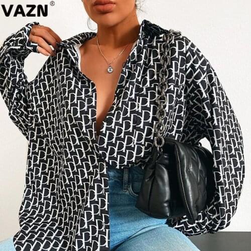 VAZN 2021 Spring New Letter Print Retro Chiffon Shirts Casual Lazy Style Joker Full Sleeve Women Loose Long Shirts