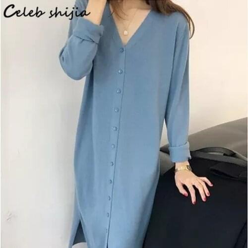 SHIJIA Blue Cashmere Dresses for Woman Fall V-neck Elegant Long Bodycon Dress Female Autumn Single Breasted Maxi Knit Clothing
