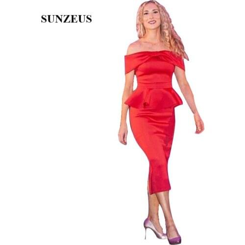 Sheath Red Women Dinner Dress Off Shoulder Tea Length Wedding Guest Dresses With Peplum Elegant Bride Mother Gowns