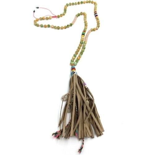 2016 New personalized handmade jewelry supplier long beaded chain leather tessal pendents unique boho long Necklaces for women