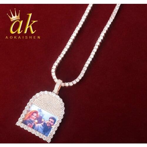 Solid Tombstone Shape Picture Necklace & Pendant Micro Pave Charm Mens Hip hop Rock Jewelry