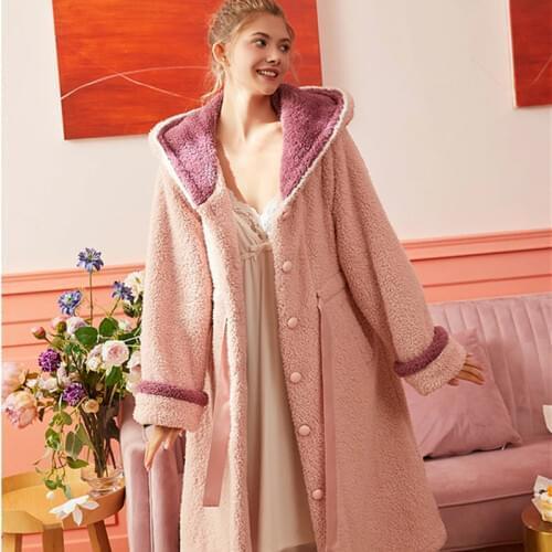 Robe Winter Bathrobe Women Loose Loungewear Sweet Tender Robe Fleece Coral Warm Robes Pink Grey