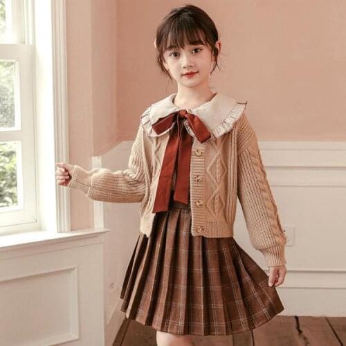3 Piece Clothes Sets For Girls Autumn Spring Knitted Cardigan Outerwear Shirts And Plaid Skirts Outfits Suits Children Clothing