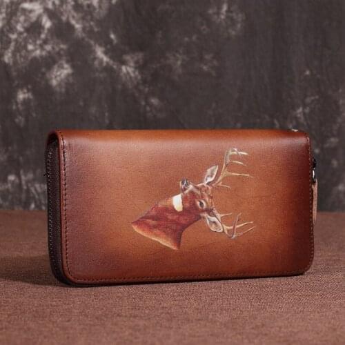 Genuine Leather Clutch Women Purse Deer Pattern High Quality Designer Brand Cards Holder Female Money Bag Zipper Long Wallets