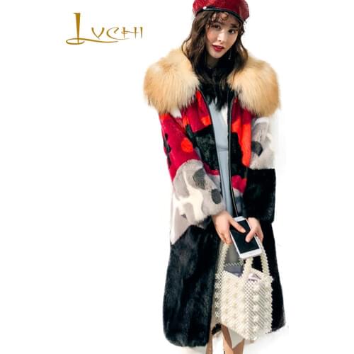 LVCHI 2019 Winter Imported velvet Mink Fur Coat Real Fur Coats Women Patchwork Camoufla With Fox Fur Collar Long Mink Fur Coats