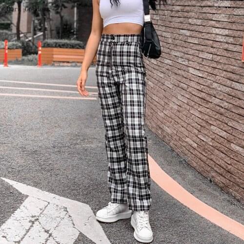 Autumn 2021 Women Trousers Black White Plaid Retro Korean Style High Waist Versatile Straight Slim Pants for Female