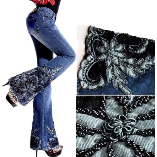 Autumn Spring Fashion European Style Woman Embroidered Flares Beading Denim Trousers , Embroidery Flare Jeans Pants For Women