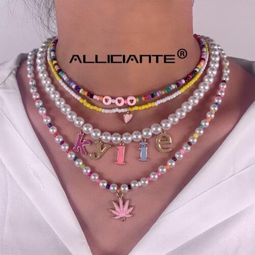 Boho Candy Letter Leaf Heart Imitation Pearls Beaded Necklace For Women Colorful Seed Bead Charm Choker Summer Jewelry New Trend