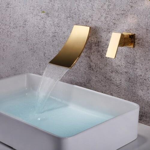 Luxury gold All Brass Wall Mounted Basin Faucet Single Handle Bathroom Mixer Tap Hot Cold Sink Faucet waterfall style