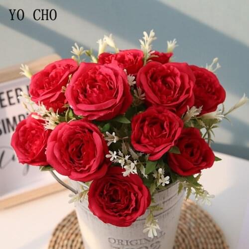 YO CHO 12 Heads Roses Artificial Flowers for Wedding Bouquet Home Decoration Rose Silk Large Fake Flowers Head Luxury Plast Stem