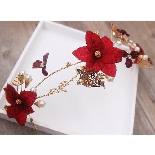 Dark red flower butterfly hairband bride wedding tiara pearl headband bridal hair accessories wholesale