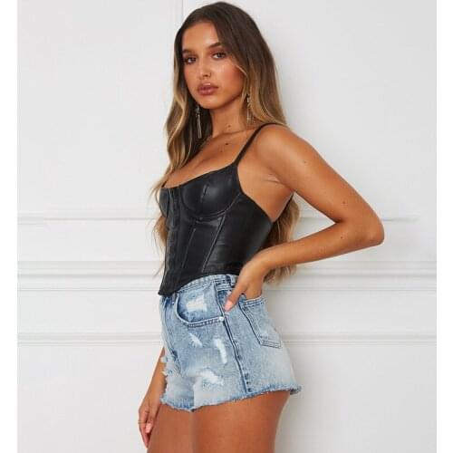 Pu Leather U-Neck Cropped Tank Tops Summer Women Sexy Breasted Style Crop Corset Punk Fashion Crop Tops Backless Solid Colors