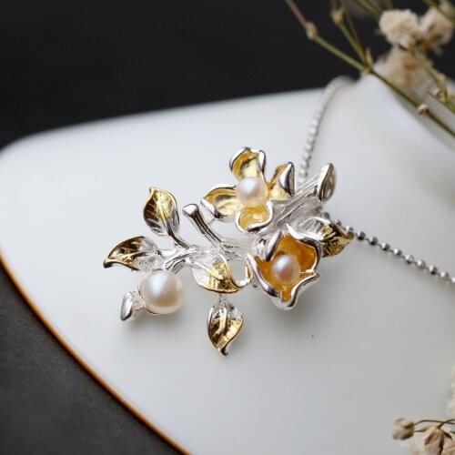 Retro Thai Silver Wholesale Inlaid Natural Pearl S925 Sterling Silver Handmade Silver Flower Branch Lady Silver Pendant