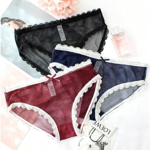 Wasteheart Women Blue Red Cotton Lace Bottom Trim Bow Low Waist Panties Underwear Lingerie Briefs 3 Piece 3 Color Underpants