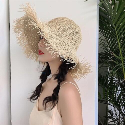 HUOXING07 Lady women casual holiday beach Raffia straw hat Summer sun hat Sunscreen protection cap trimming panama cap gorros