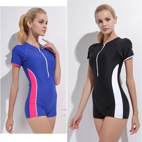 Women’s One-Piece Boy Leg Full Coverage Swimsuit UPF50 Short Sleeve Sun Protection Bodysuit Padded Swimwear Bathing Suits Zip up