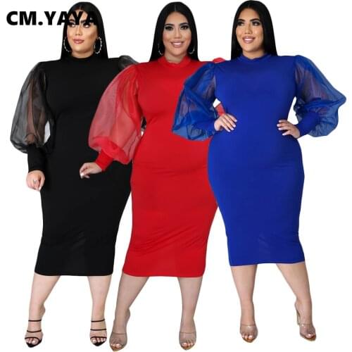 CM.YAYA Dress Women Solid Full Lantern Mesh Sleeve Kenn-length Sheath Elastic Dresses Office Lady Spring Fall Bodycon Dress 2021
