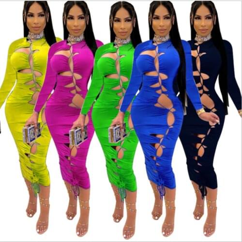 2021 Women Midi Dress O-neck Stretchy Hole Full Sleeve Bodycon Bandage Dresses Sexy Night Party Vestidos Autumn Spring Robe