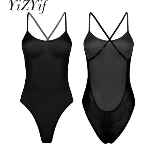 Women Sexy Lingerie One-piece leotard bodysuit See-through Sheer Back Crossed High-cut Thong Leotard Stocking Bodysuit Nightwear