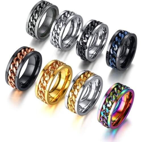 Modyle 2021 New 8 Colors Rotatable Chain Men Rings Stainless Steel Stress Jewelry Punk Vintage Wedding Ring for Man