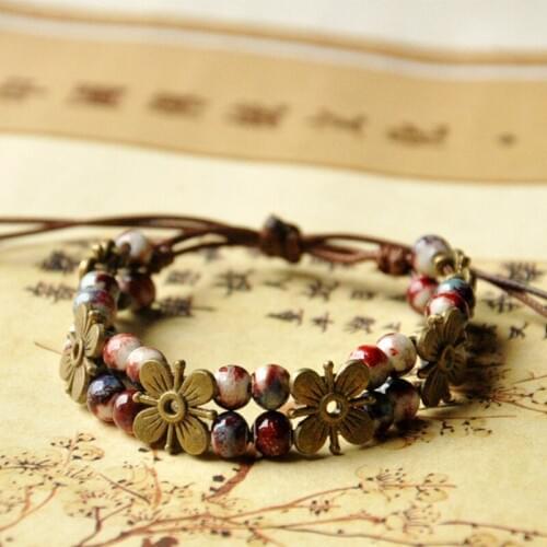 10 piece/lot Women Bracelets Weave Rope Cuff Bangles Ceramic Beads Flower Charm Wristband Adjustable Bohemia Jewelry