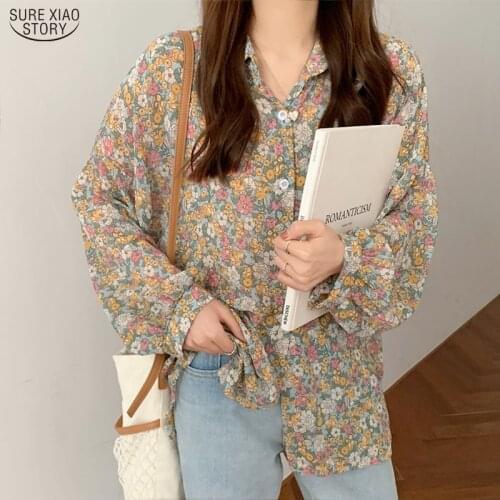 2021 Casual Chiffon Print Plus Size Blouse Women Blusas Autumn Korean Puff Long Sleeve Floral Women Shirts Cardigan Tops 10312