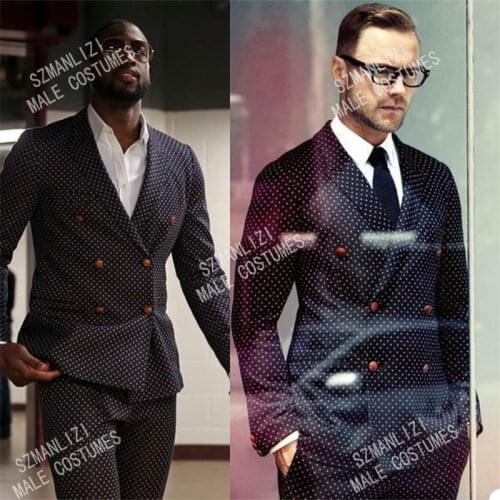 2021 Business Groom Tuxedos Groomsmen Navy Blue Polka Dot Peak Lapel Best Man Suit Wedding Mens Blazer Suits (Jacket+Pants)