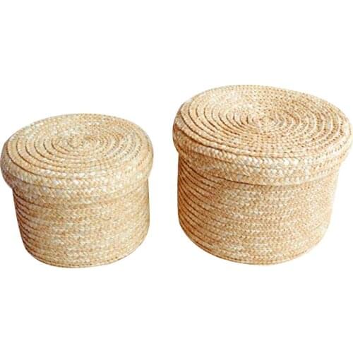 3Pcs/ Set Handmade Straw Rattan Woven Storage Basket Toy Snack Sundry Holder with Lid Sundries Home Kitchen Storage Box Can Jar