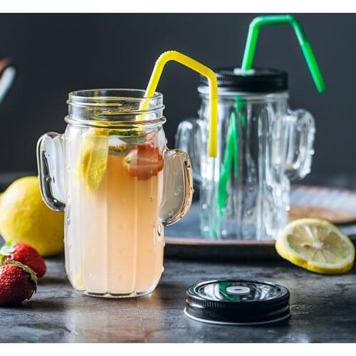 450ml Creative Cactus Glass Cup Transparent Mason Jar Mug With Lid&Straw Milk Coffee Fruit Juice Cup Home Bar Drinking Glasses