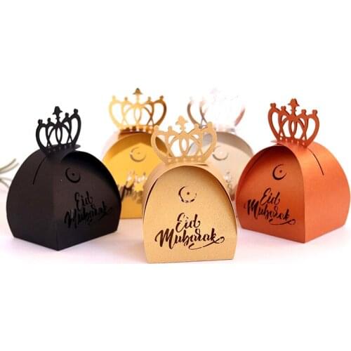 50pcs Crown Eid Mubarak Candy Box Favor Box Ramadan Kareem Gift Boxes Islamic Muslim Festival Happy Eid Event Party Supplies